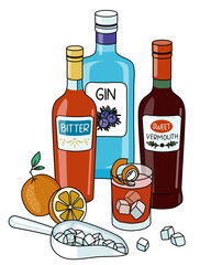 Stylish hand-drawn doodle cartoon style Negroni cocktail composition. A bottle of gin, Italian orange bitter, red sweet vermouth and orange. Goof for bar menu, cook book recipe, stickers or cards.