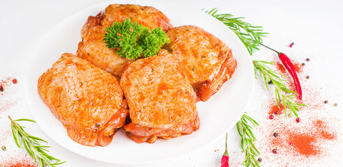 Convenience food, precooked.Background for a banner of meat with spices.Raw Marinated chicken thighs with spices for cooking for BBQ . Top view.