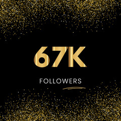 Thank you 67K or 67 Thousand followers. Vector illustration with golden glitter particles on black background for social network friends, and followers. Thank you celebrate followers, and likes.