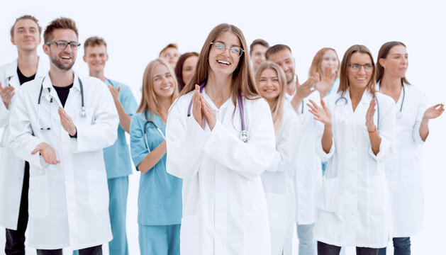 top view. confident doctors and interns looking at the camera.