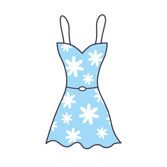 Blue summer mini dress with white daisy flowers pattern isolated cartoon vector