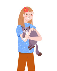 Cute elementary school girl holds a cat in her arms and smiles. Child cartoon character with pet. People's love for cats. Flat vector illustration isolated on white background. 