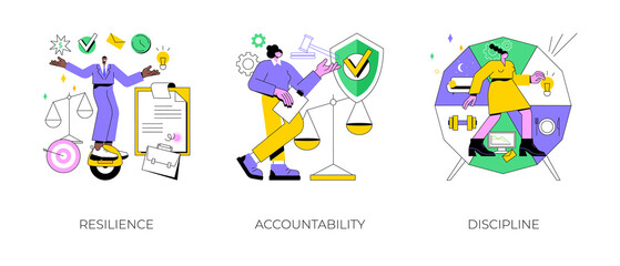 Fototapeta premium Personal quality abstract concept vector illustration set. Resilience, accountability and discipline, mental strength, psychological flexibility, decision making, leadership role abstract metaphor.