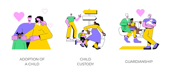 Parenting abstract concept vector illustration set. Adoption of a child, custody and guardianship, foster care parent, family conflict, orphanage, adoptive parents, separation abstract metaphor.