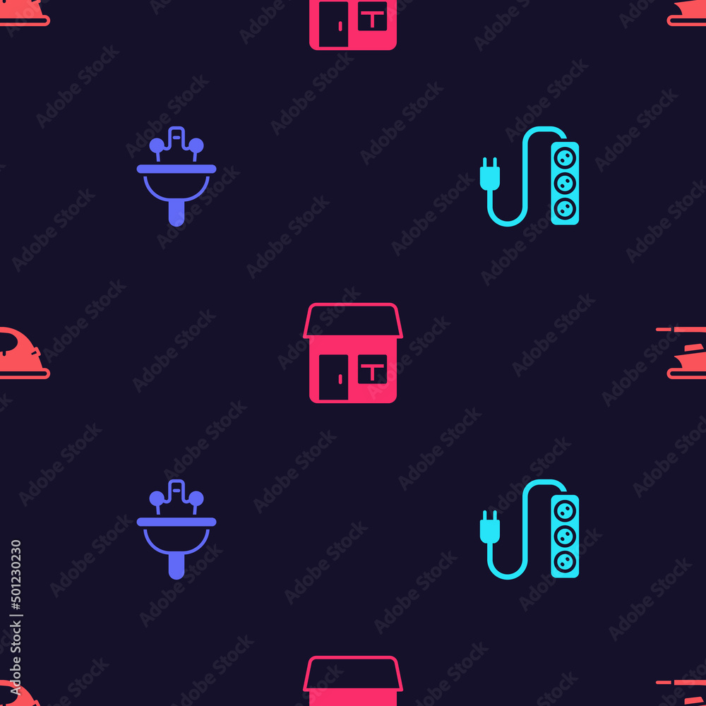 Sticker set electric extension, washbasin, house and iron on seamless pattern. vector