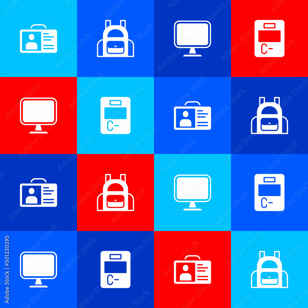Poster set identification badge, school backpack, computer monitor and exam paper with incorrect answers ic