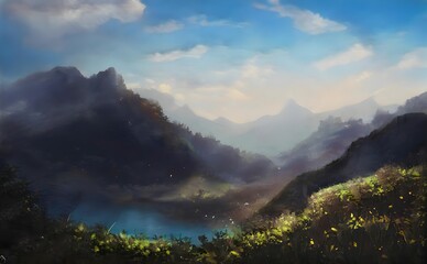 the digital painting depicts a valley in between a few hills and a small lake
