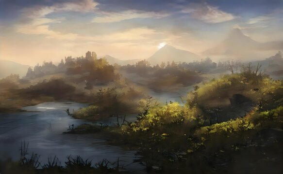 painting of sunrise over a river surrounded by grass
