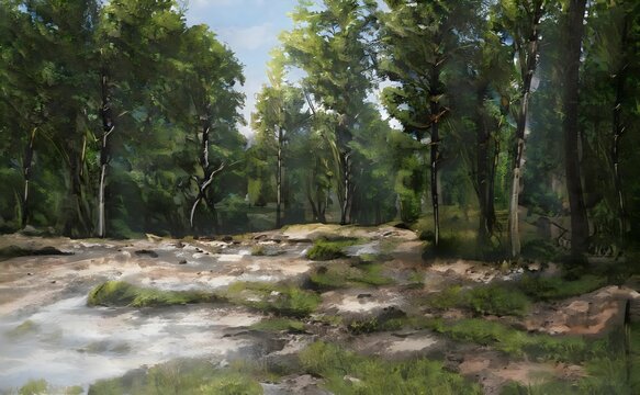 a painting of an area with trees