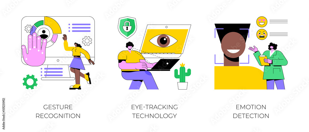 Aufkleber sensor technology abstract concept vector illustration set. gesture recognition, eye tracking techno