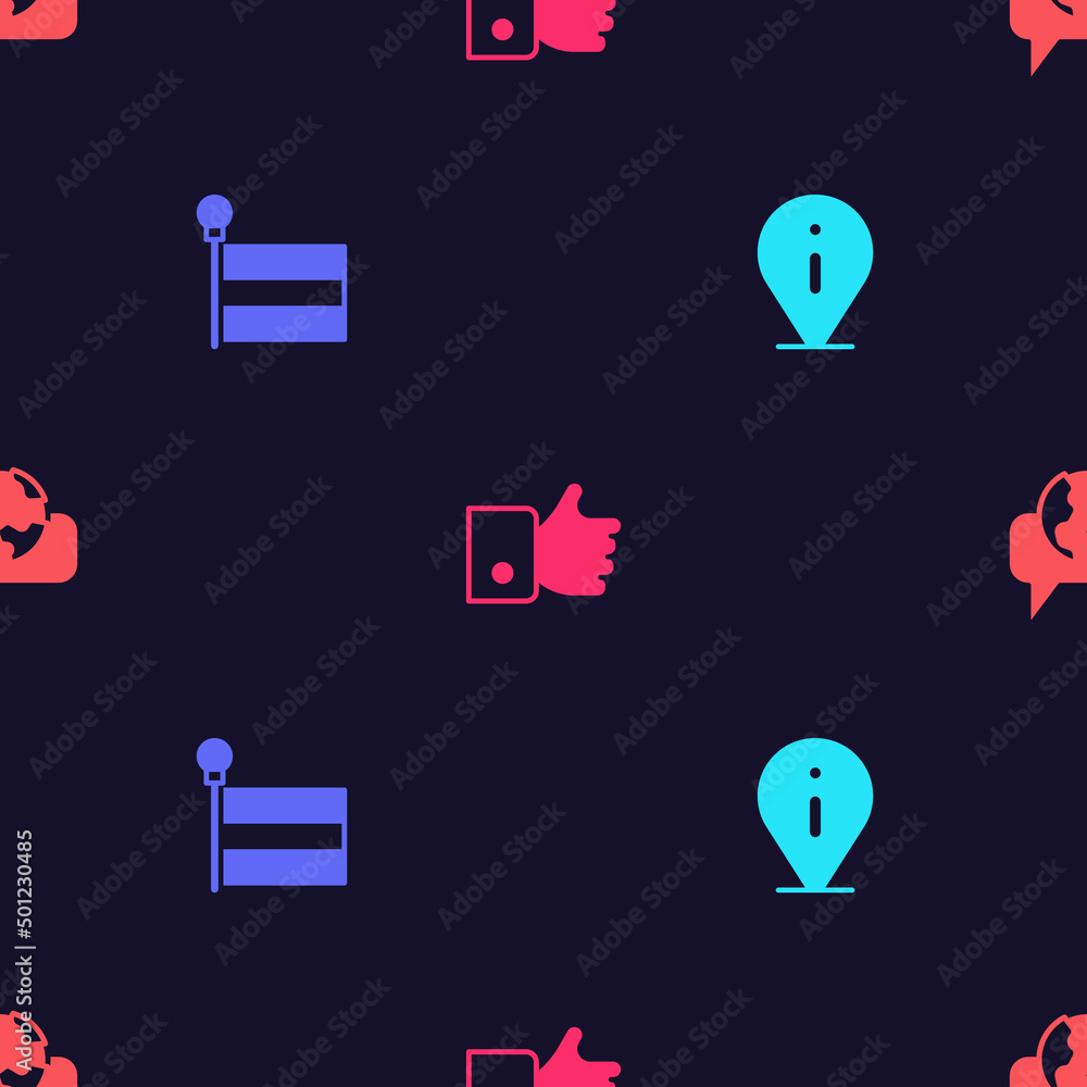 Poster set information, flag, hand like and learning foreign languages on seamless pattern. vector