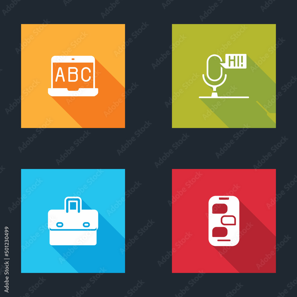 Poster set foreign language online study, microphone voice device, briefcase and new chat messages notifica
