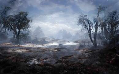 a painting of foggy scenery with trees