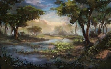 a painting of a forest area