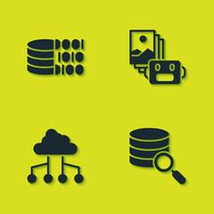 Set Binary code, Server, Network cloud connection and Artificial intelligence robot icon. Vector