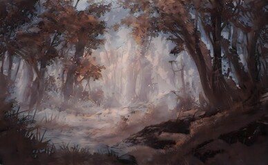 a painting of a wooded area with trees