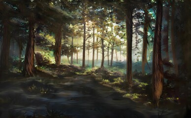a path through a forest with sunlight shining through the trees © @uniturehd