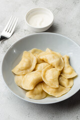 Traditional ukrainian dish vareniki served in a bowl with sour cream. Close up view of traditional Ukrainian food.