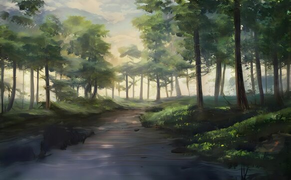 a painting of a creek through the woods