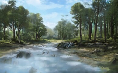 a painting of a river surrounded by wooded area