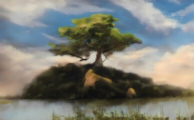 an oil painting of a tree on top of a small island