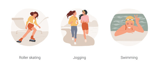 Teenager active lifestyle isolated cartoon vector illustration set. Roller skating, doing rollerblading trick, young girl in sportswear jogging, teen at border of swimming pool vector cartoon.
