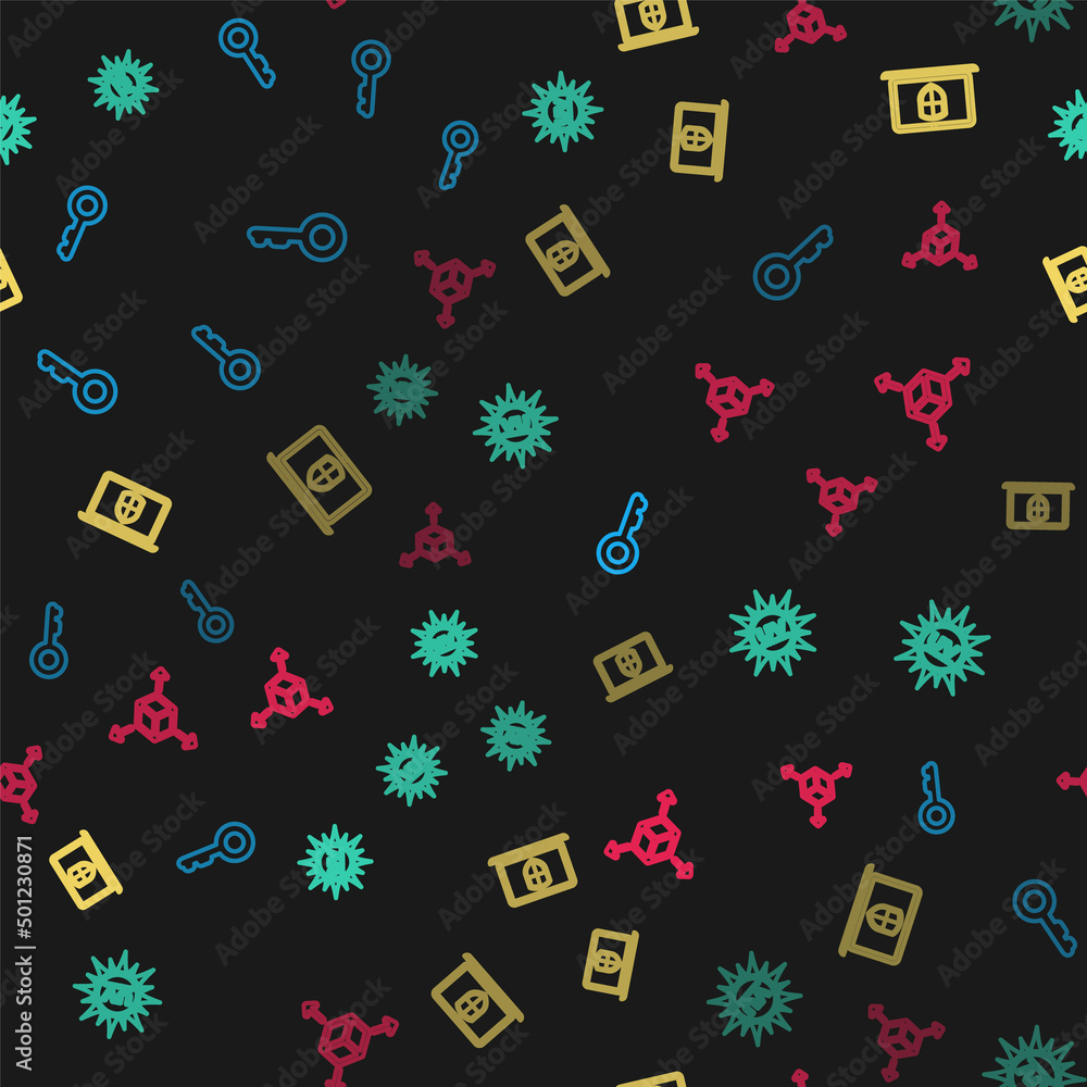 Poster set line key, uv protection, laptop with shield and isometric cube on seamless pattern. vector