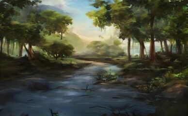 a painting of a stream running through a forest