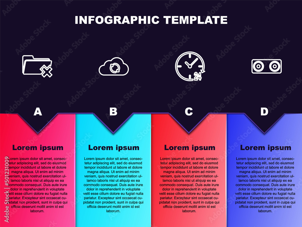 Poster set line delete folder, cloud sync refresh, clock 24 hours and stereo speaker. business infographic 