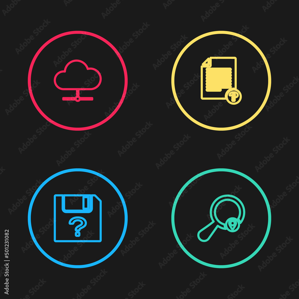 Poster set line unknown document, search location, and network cloud connection icon. vector