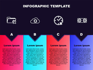 Set line Delete folder, Cloud sync refresh, Clock 24 hours and Stereo speaker. Business infographic template. Vector