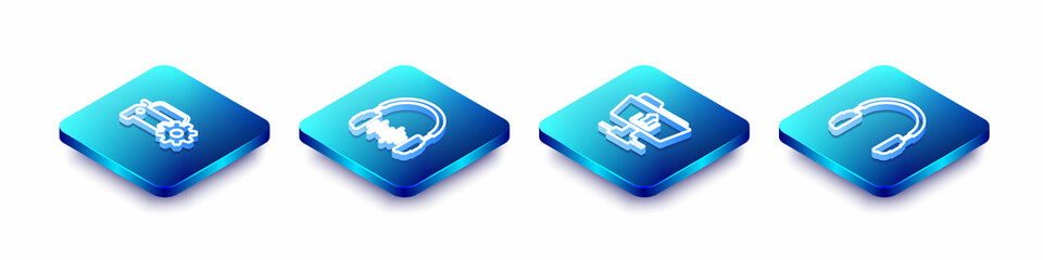 Set Isometric line Car service, Headphone and sound waves, FTP folder upload and Headphones icon. Vector
