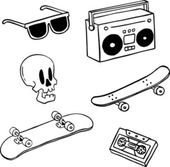 Skateboarding doodle illustration. Vector skate sketch.