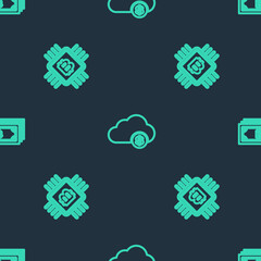 Set line Cryptocurrency cloud mining, CPU farm and bitcoin on seamless pattern. Vector