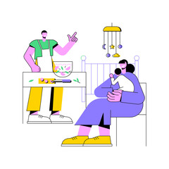 Father supports mother abstract concept vector illustration. Dad helping with housework, maternal support, breastfeeding, holding hands, fathers day, tired mom, parents hug abstract metaphor.