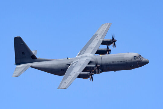 RAAF Williams, Point Cook, Australia - February 28, 2014: Royal Australian Air Force Lockheed Martin C-130J-30 Hercules military cargo aircraft A97-466.