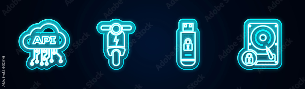 Poster set line cloud api interface, electric scooter, usb flash drive with lock and hard disk and. glowing