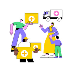 Aid to disadvantaged groups abstract concept vector illustration. Humanitarian aid, material assistance, government volunteer help, vulnerable people, basic necessities, shelter abstract metaphor.