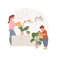 Water flowers isolated cartoon vector illustration. Family daily routine, mom and kid watering flowers in a living room, house maintenance, growing flowers, home gardening hobby vector cartoon.