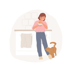 Cat rubs isolated cartoon vector illustration. Pet daily routine, cat rubbing against leg of the owner when person cooking, feline head butting, domestic animal behavior vector cartoon.