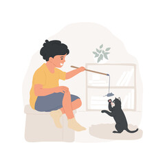 Playing with a cat isolated cartoon vector illustration. Pet routine, child plays with a toy mouse on a stick, teasing a cat with wand, pet accessories, domestic animal behavior vector cartoon.