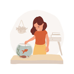 Goldfish isolated cartoon vector illustration. Kid feeding a goldfish swimming in bowl, pouring dry food in aquarium, having pet at home, child caring for fish, daily routine vector cartoon.