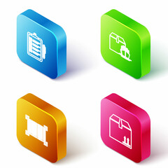 Set Isometric line Verification of delivery list, Cargo ship with boxes, Barcode and Cardboard traffic icon. Vector