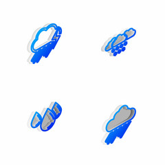 Set Isometric line Cloud with snow, rain and lightning, Water drop and icon. Vector