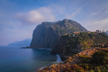 Porto da Cruz village with Eagle Mountain and coast, Madeira, Portugal. October 2021