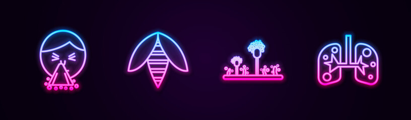 Set line Handkerchief to his runny nose, Bee, Mold and Lungs. Glowing neon icon. Vector