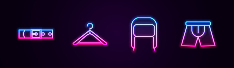 Set line Leather belt, Hanger wardrobe, Winter hat with ear flaps and Men underpants. Glowing neon icon. Vector