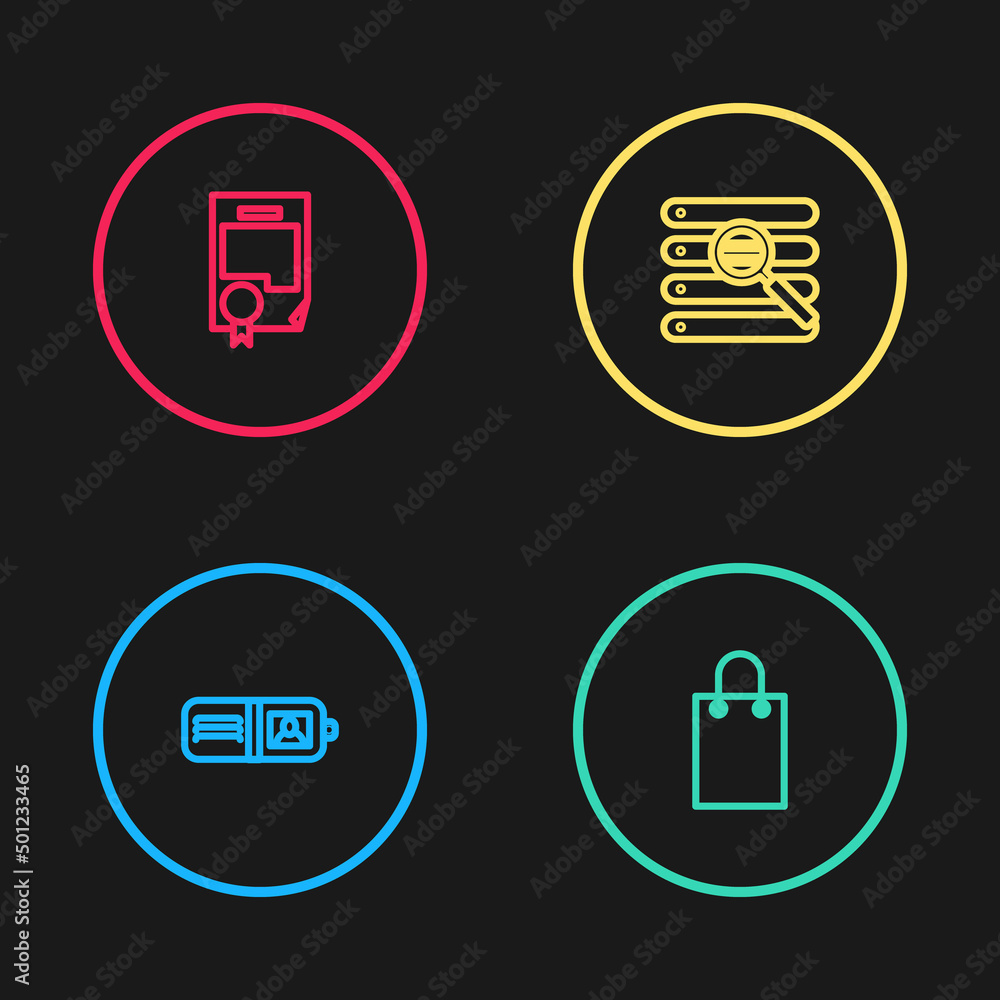 Poster set line wallet, paper shopping bag, search browser window and certificate template icon. vector