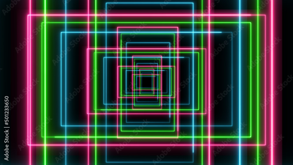 Poster neon tunnel background. neon line movement background animation.