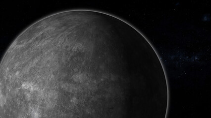 Planet Mercury. Realistic render of mercury and stars. Mercury in space.